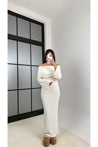 Gaus White Madonna Collar Design Long Knitwear Dress Gaus-00126