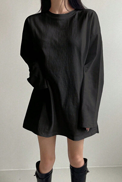 Tarz Cool Women's Black Loose Crew Neck Long Sleeve T-Shirt