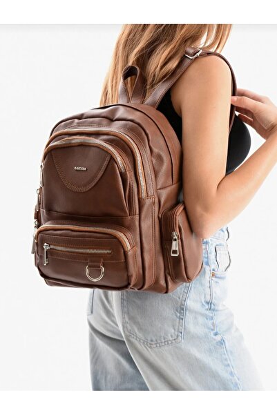 eflanmoda Mega Women's Brown Multi-Compartment Soft Leather Backpack