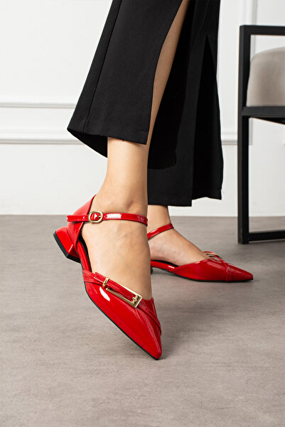 Güllü Shoes Red Patent Leather Ankle Strap Gold Buckle Pointed Toe Low Heel Women's Ballerina Shoes