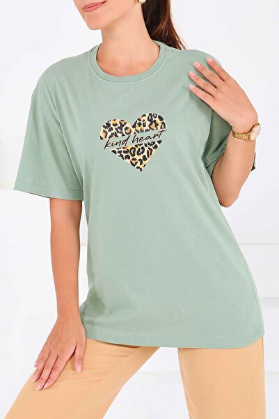 TOFİSA Μπλουζάκι με στάμπα και κοντά μανίκια σε χρώμα μέντας - 27546