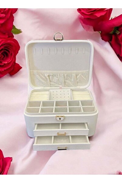 general brand صندوق مجوهرات للنساء مع قفل - منظم جلدي كبير بثلاث طبقات للخواتم والأقراط والقلائد