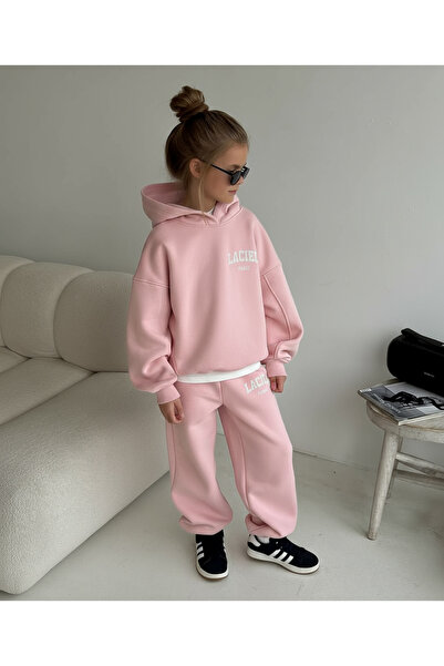 Magu طقم ملابس رياضية من القطن باللون الوردي للفتيات مع قلنسوة