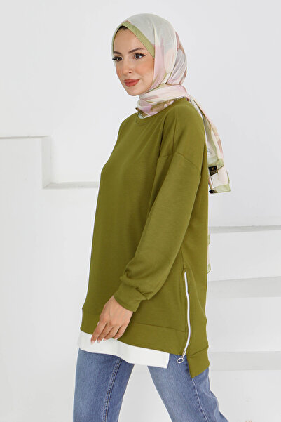 TOFİSA Garnili Zippered Two Thread Sweatshirt Khaki - 27610