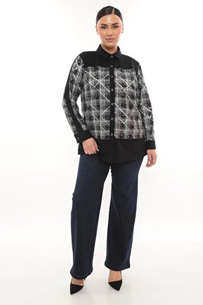 Lady Majestic Stylish Plaid Detailed Long Sleeve Plus Size Women's Shirt
