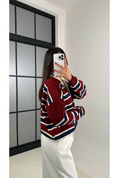 Gaus Burgundy Striped Polo Neck Buttoned Sweater Gaus-00115