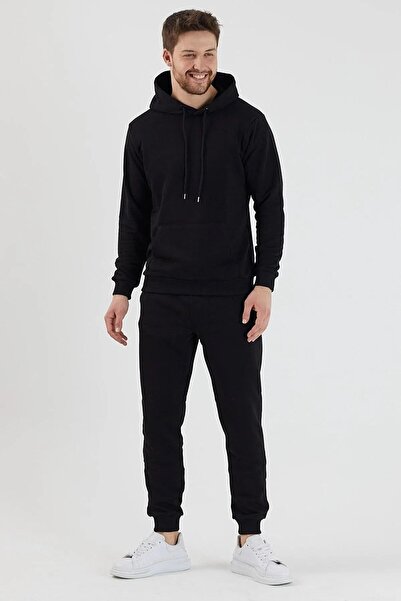 NoVibe Plus Size Hooded Bottom-Top Plain Black Tracksuit Set Black