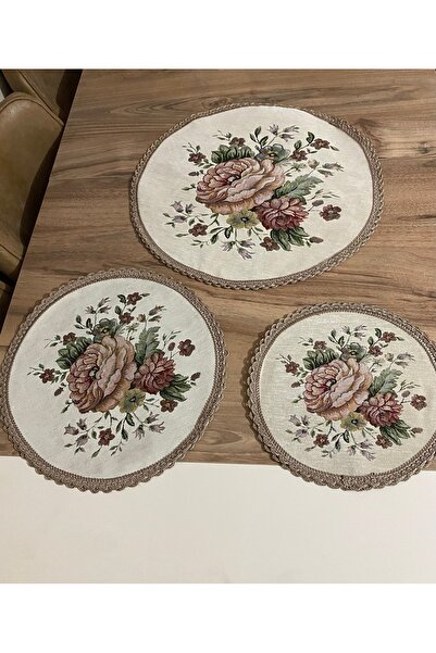 MYHOMEGOBLEN Goblen Sehpa ve Masa Örtüsü 50-40ve30 yuvarlak krem