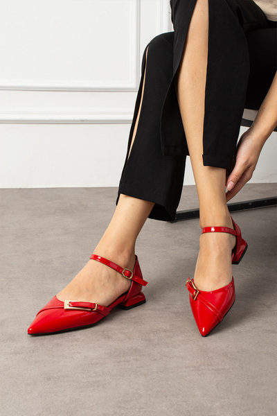 Güllü Shoes Red Patent Leather Ankle Strap Gold Buckle Pointed Toe Low Heel Women's Ballerina Shoes