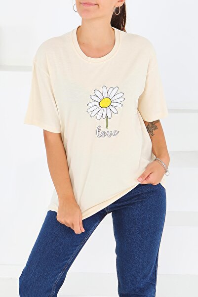 TOFİSA Κρεμ μπλουζάκι με στάμπα και κοντά μανίκια - 27577