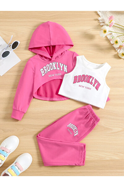 NoVibe طقم بدلة رياضية قصيرة باللون الوردي للأطفال مكونة من 3 قطع باللون الأب...