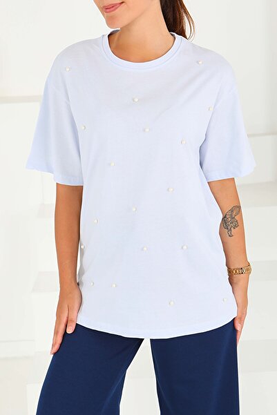 TOFİSA Μπλουζάκι με κοντά μανίκια και πέρλες Baby Blue - 27544