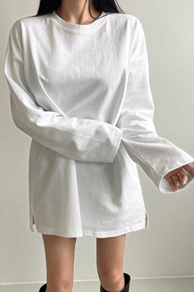 Tarz Cool Γυναικείο μακρυμάνικο μπλουζάκι με λαιμόκοψη σε λευκό χρώμα