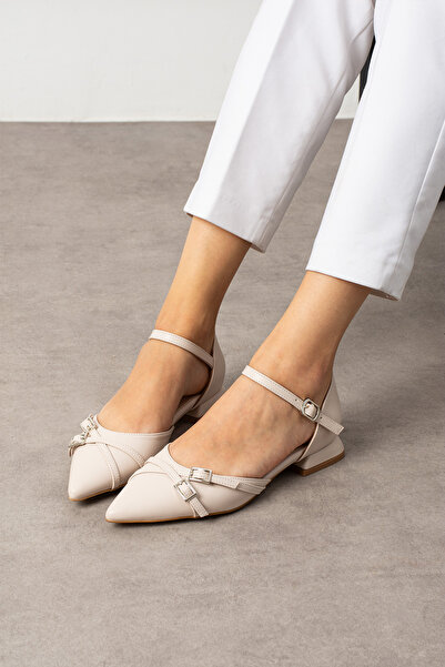 Güllü Shoes Cream Matte Ankle Strap Double Silver Buckle Pointed Toe Low Heel Women's Ballet Shoes