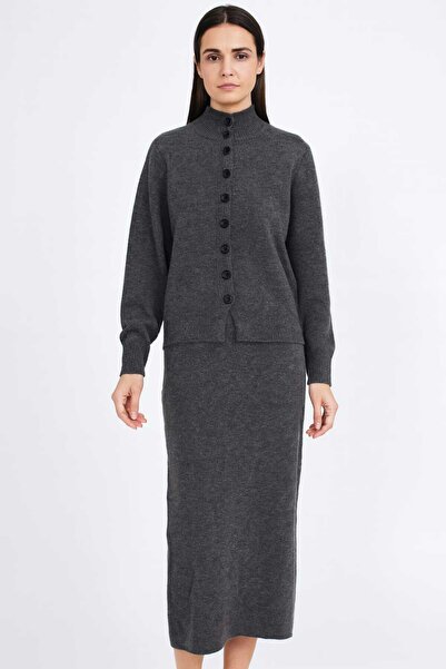 Maison La Femme Women's Knitwear Set Turtleneck Buttoned Jacket Long Skirt Bottom Top Knitwear Set