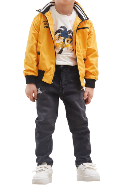 İrem Çocuk Giyim Boy's Raincoat T-Shirt Pants Three-Piece Set