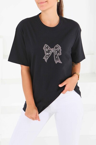 TOFİSA Μπλουζάκι με κοντά μανίκια και πέρλες, μαύρο - 27574