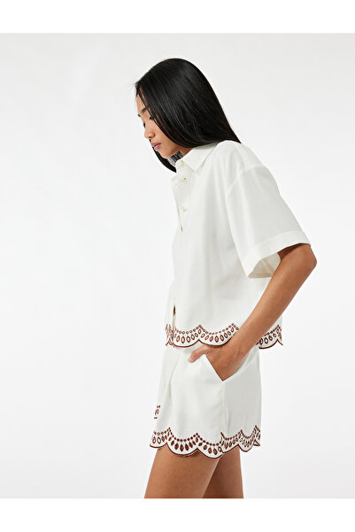 Koton X Melis Ağazat - Linen Blend Loose Fit Scalloped Brode Detailed Short Sleeve Shirt