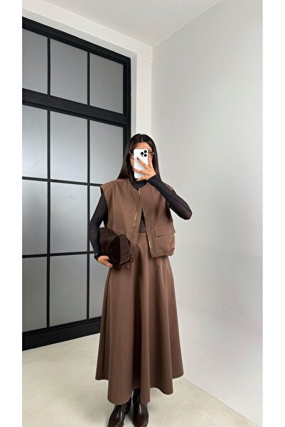 Gaus Kahve Astarlı Cep Detaylı Yelek Etek İkili Premium Takım GAUS-00181