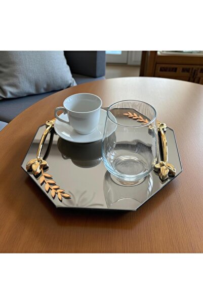 Online Home Market 2-Piece Promise or Engagement Ring, Gold-Silver Leaf-Shaped for Coffee Serving. Square-Hexagonal Shaped Glass Tray