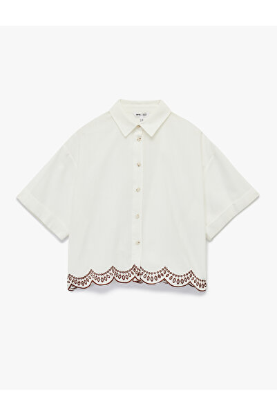 Koton X Melis Ağazat - Linen Blend Loose Fit Scalloped Brode Detailed Short Sleeve Shirt