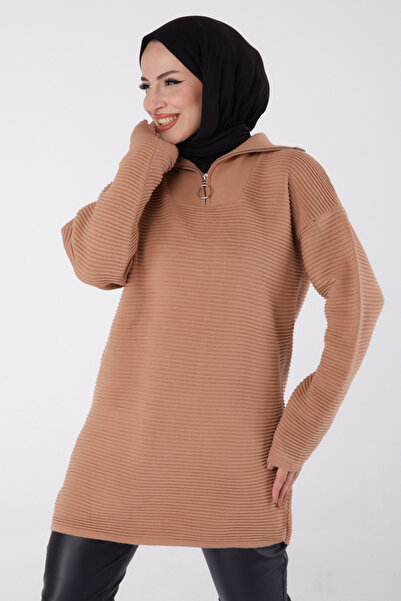 TOFİSA Fitili Fermuarlı Triko Kazak Vizon - 27632