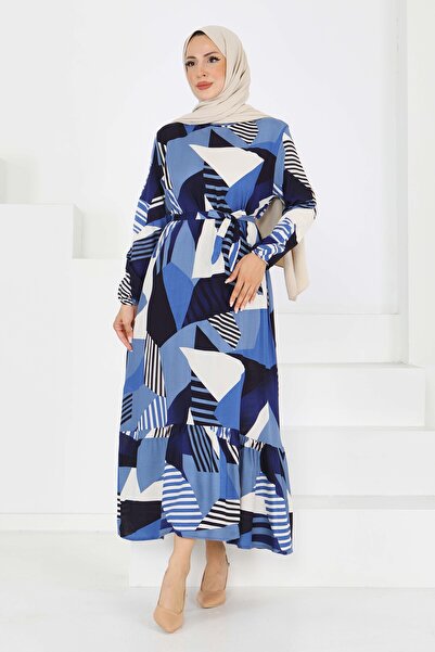 TOFİSA Patterned Belted Dress Indigo - 27517