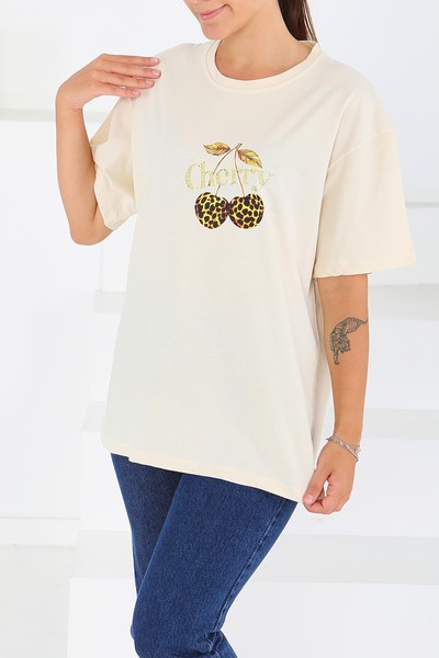 TOFİSA Κρεμ μπλουζάκι με στάμπα και κοντά μανίκια - 27575