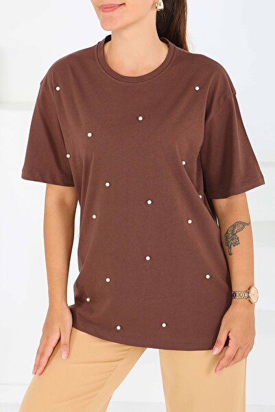 TOFİSA Μπλουζάκι με κοντά μανίκια και πέρλες καφέ - 27544