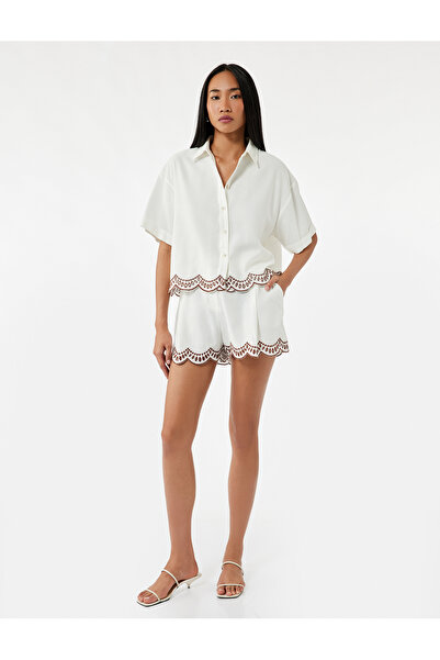 Koton X Melis Ağazat - Linen Blend Loose Fit Scalloped Brode Detailed Short Sleeve Shirt