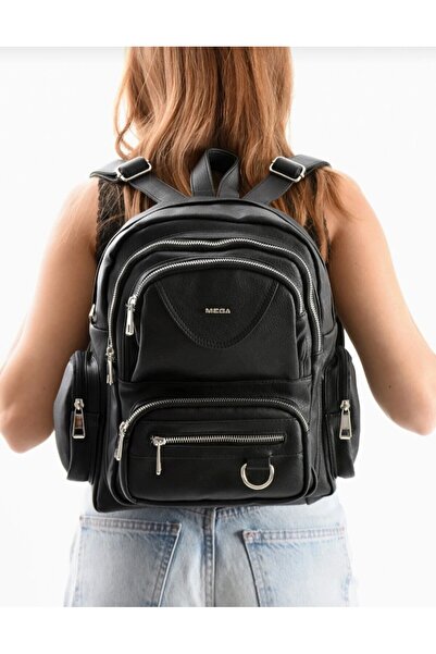 eflanmoda Mega Women's Black Multi-Compartment Soft Leather Backpack