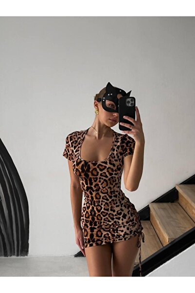 dedo Kadın Leopar Desenli Sırt Dekolteli Elbise