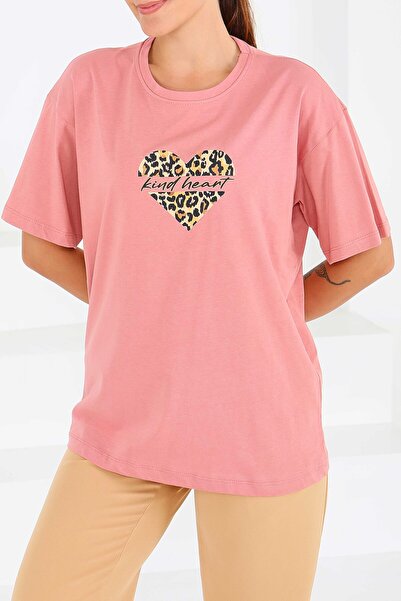 TOFİSA Μπλουζάκι με στάμπα και κοντά μανίκια - Τριαντάφυλλο - 27546