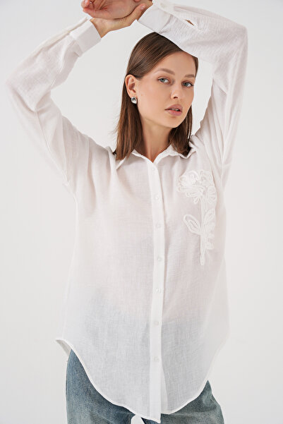 Bigdart Kadın Nakışlı Oversize Gömlek 20338 - Beyaz