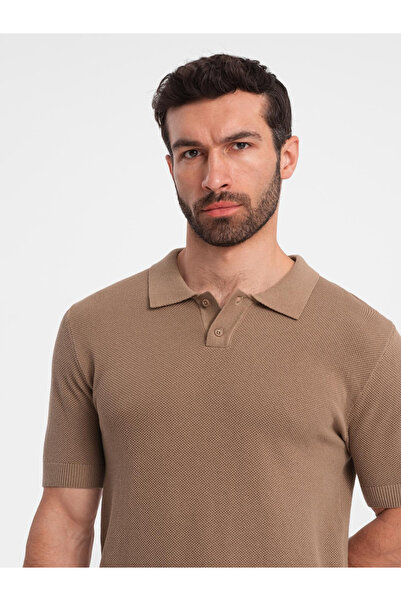 OMBRE Men's cotton structured knit polo shirt - light brown V3 OM-POSS-0117 XL