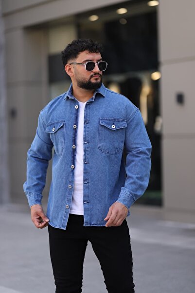 L-KOM Men's Jeans Shirt Relaxed Fit, Double Pockets, Button down Denim Shirt