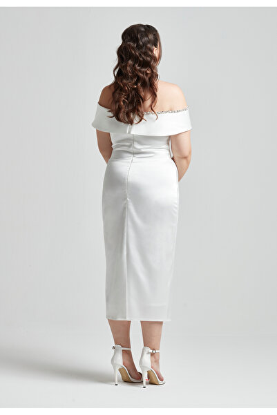 Moda Alba Stone Embellished Double Breasted Collar Midi Length Plus Size White Engagement-Wedding Evening Dress