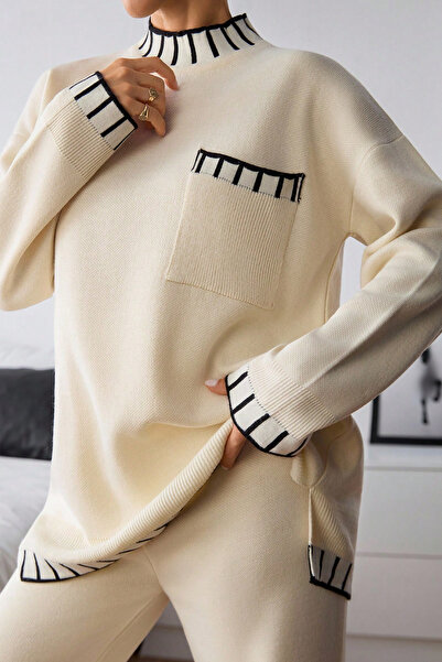 H&E LUXURY DESIGN Γυναικείο «Σετ δύο τεμαχίων πλεκτών ενδυμάτων με χαλαρή εφαρμογή με λεπτομέρεια σε κρεμ μαύρη γραμμή»