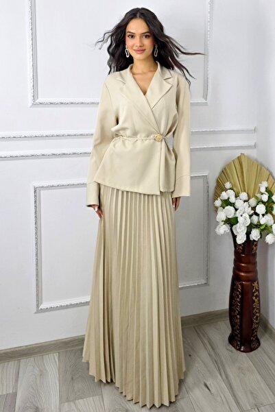 FashionForYou Επαγγελματικό κοστούμι LUNIS, με κρουαζέ σακάκι και πλισέ φούστα, Κρεμ