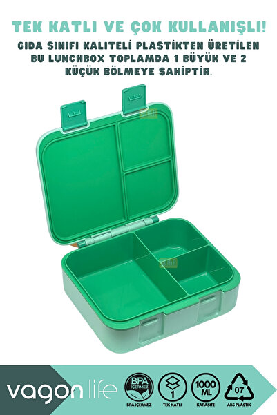 Vagonlife Bento 1000ml Lunchbox New Collection Single Layer 3 Compartments Abs Plastic Children's Lunch Box Food Container