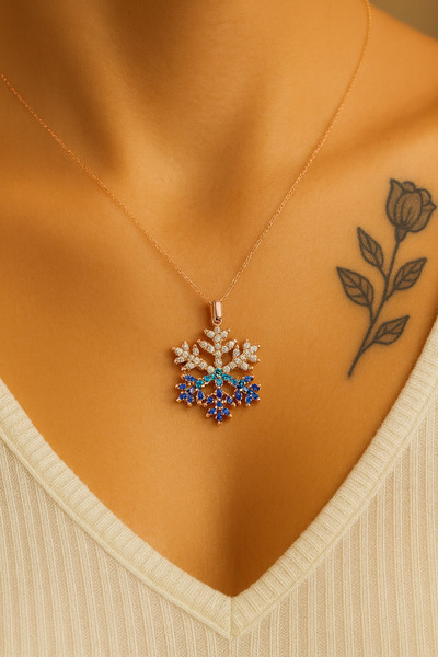Merand Kar Tanesi Kolye – 925 Ayar Gümüş Zincir- Zirkon Taş Kaplama – Mavi ve...