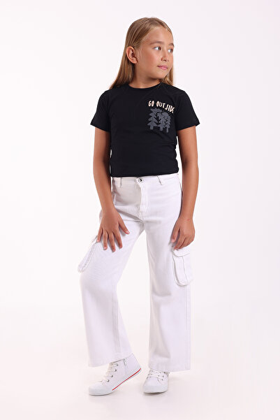 Pafim Kız Çocuk Beli Ayarlanabilir Kargo Cep Detaylı Rahat Kesim Pamuklu Kot Pantolon