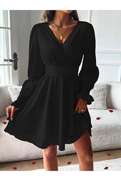 Modayakamoz Yeni Sezon Kadın Uzun Kollu Kruvaze Yaka Mini Sandy Elbise
