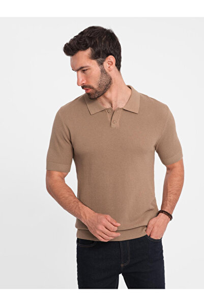 OMBRE Men's cotton structured knit polo shirt - light brown V3 OM-POSS-0117 XL