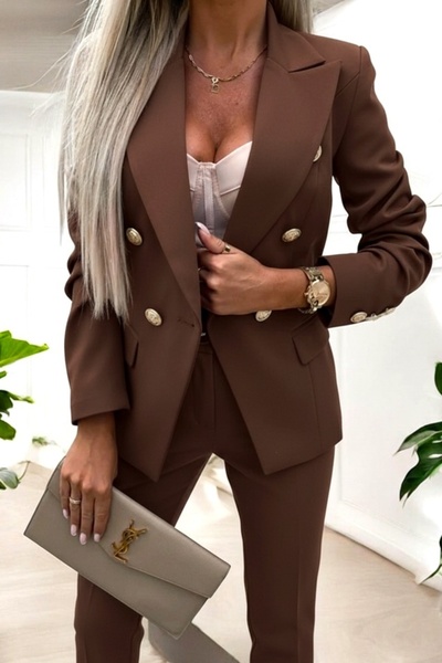 FashionForYou Paolina business suit, with fitted jacket and tapered trousers, Brown, XL