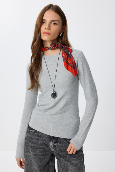 Lovelyİstanbul بلوزة محبوكة ناعمة برباط LUB0240 رمادي