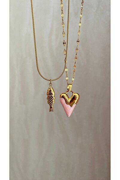 Petek Collection Steel 2-Piece Necklace Combination Set (Heart+Fish Pendant)