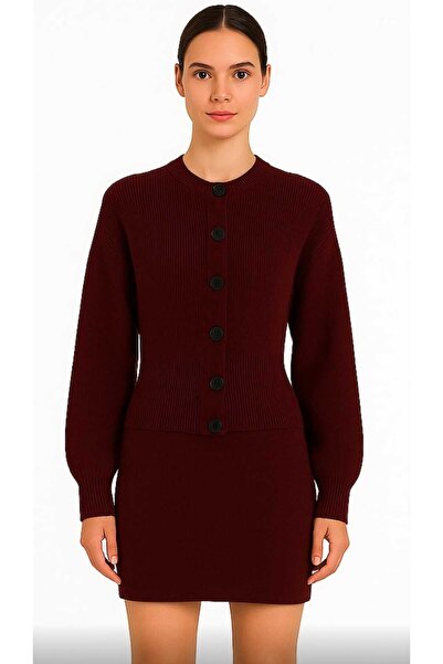 Maison La Femme Women's knitwear set round neck button jacket skirt bottom top knitwear set