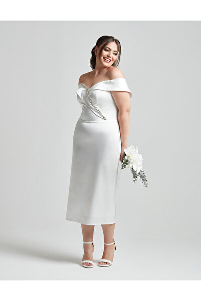 Moda Alba Stone Embellished Double Breasted Collar Midi Length Plus Size White Engagement-Wedding Evening Dress