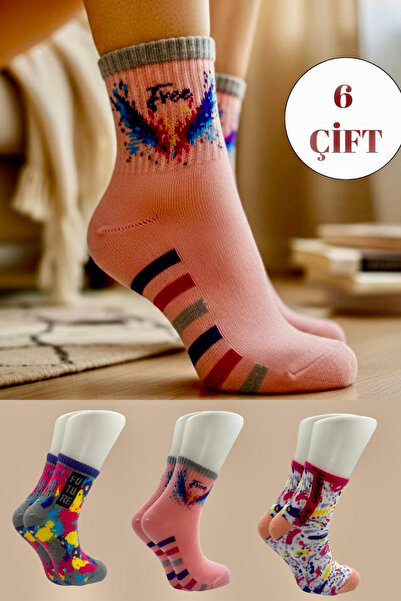 BENİSA ÇORAP Kadın Çok Renkli Desenli Pamuklu Yarım Konç Çorap 6'lı Paket